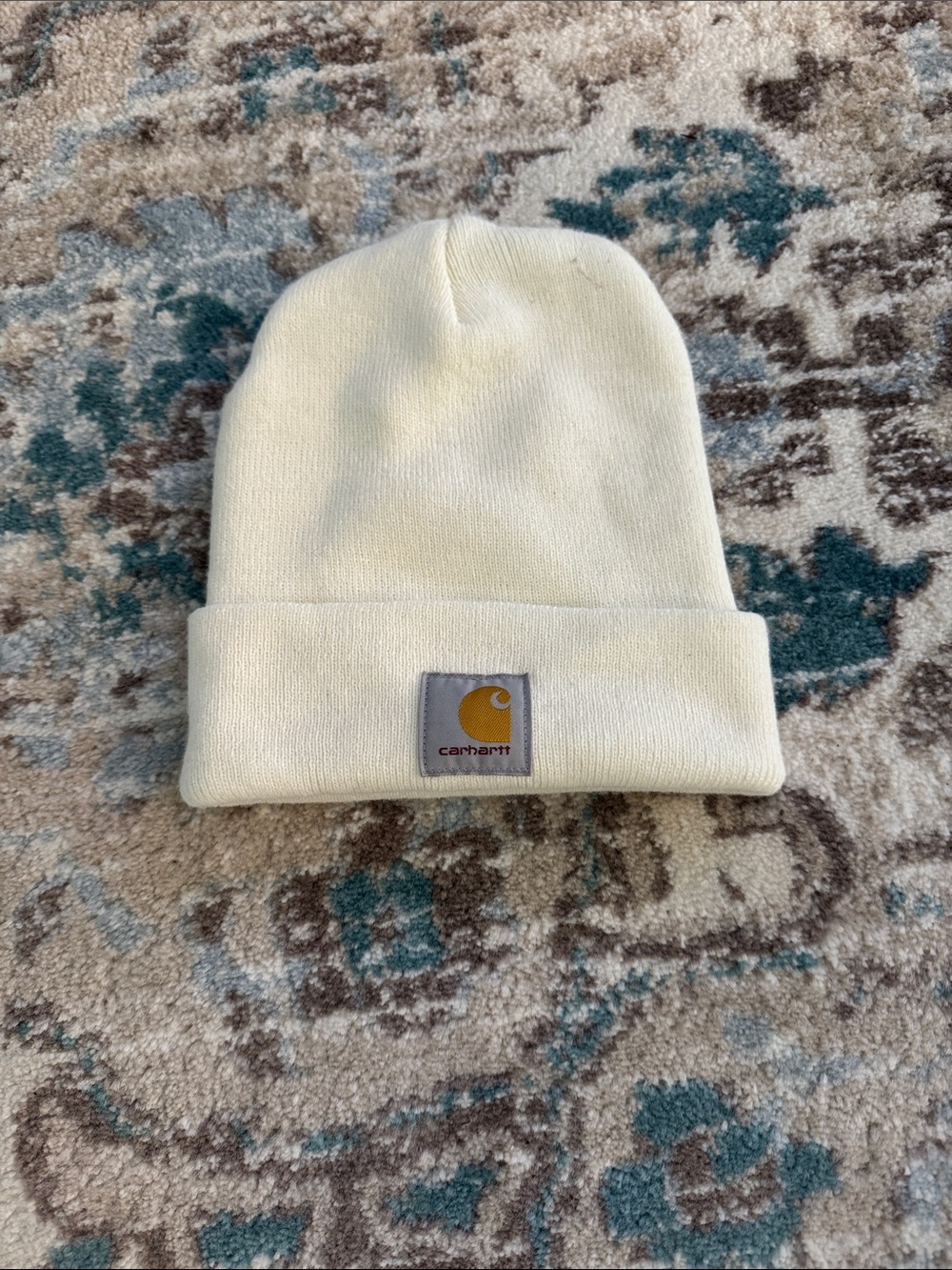 Carhartt adults Cream Knit Cuffed Beanie with Logo Patch